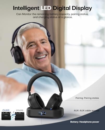 Ensemble-Wireless Headphones for TV Watching, TV Headphones with LED Display Transmitter Charging Base, No Lip-Sync Delay Bluetooth V5.3 Headphones, Plug and Play, Gifts for Elderly - Image 2