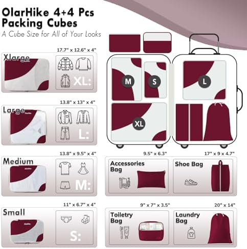 OlarHike 8 Set Packing Cubes for Travel, 4 Various Sizes(Extra Large,Large,Medium,Small), Luggage Organizer Bags for Travel Accessories Travel Essentials,For Carry on Suitcases (Burgundy) - Image 2