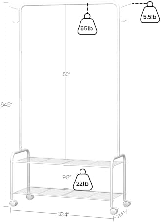 Clothes Rack, Garment Rack, 2-In-1 Design, Clothing Rack with 4 Wheels, Shoe Rack with 2-Tier Storage Shelf, Coat Rack with 4 Hooks for Bags, 12.6 x 33.5 x 63 Inches, White GR07416W - Image 3