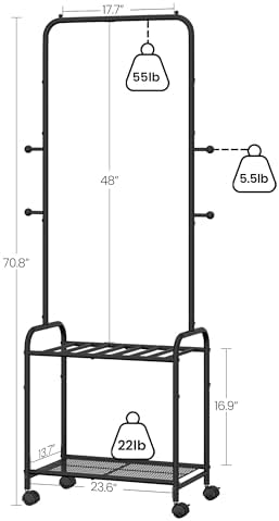 Clothes Rack, Garment Rack with 2-Tier Storage Shelf, 2-In-1 Design, Clothing Rack with 4 Wheels, Metal Frame Shoe Rack, Coat Rack with 4 Hooks for Bags, 220 lb Max, Black GR07660B - Image 4