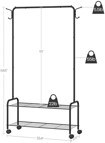 Clothes Rack, Garment Rack, 2-In-1 Design, Clothing Rack with 4 Wheels, Shoe Rack with 2-Tier Storage Shelf, Coat Rack with 4 Hooks for Bags, 33.4 x 12.5 x 64.5 Inches, Black GR07416B - Image 7