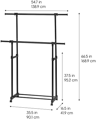 IRIS USA Portable Double-Rod Height Adjustable Clothes Rack with Extendable Bar and Lockable Wheels, Rolling Garment, Double Rod Wardrobe Rack, Easy Assemble, for Clothes, Belts, Shoes, and Bags - Image 2