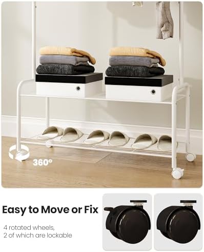 Clothes Rack, Garment Rack, 2-In-1 Design, Clothing Rack with 4 Wheels, Shoe Rack with 2-Tier Storage Shelf, Coat Rack with 4 Hooks for Bags, 12.6 x 33.5 x 63 Inches, White GR07416W - Image 4