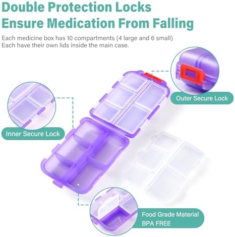 4 Pack Small Travel Pill Organizer for Purse, Pocket, Bag - 10 Compartments Pill Holder Box, Handy Medicine Container - Portable Mini Pharmacy for Weekly Daily Travel - BPA Free Vitamin Fish Oil Case - Image 6