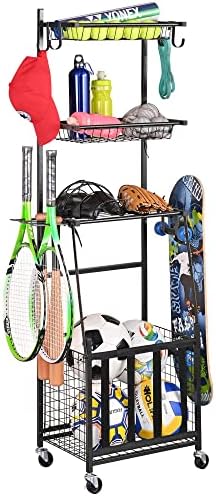 PLKOW Sports Equipment Storage for Garage, Indoor/Outdoor Sports Rack for Garage, Ball Storage Garage Organizer with Basket and Hooks,Toy/Sports Gear Storage