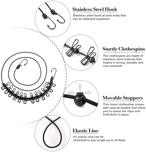 HAWATOUR Travel Clothesline, Portable Retractable Clothesline with 12pcs Clothespins for Indoor Laundry Drying, Outdoor Camping Accessories, Black - Image 2