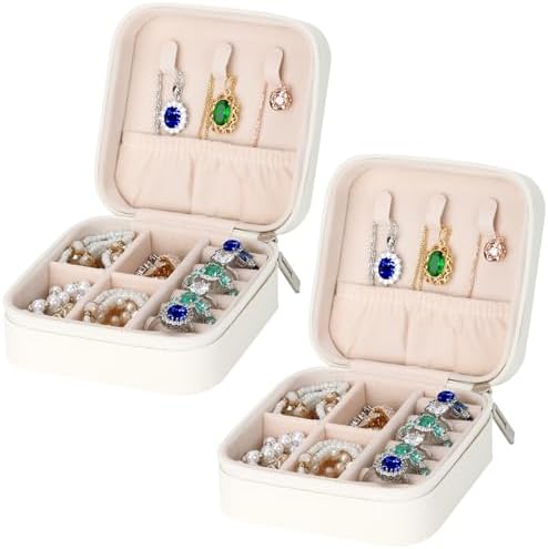 LETURE PU Leather Small Jewelry Box, Travel Portable Jewelry Case for Ring, Pendant, Earring, Necklace, Bracelet Organizer Storage Holder Boxes (WHITE-2PCS)
