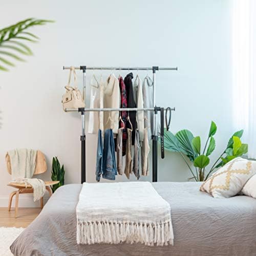 IRIS USA Portable Double-Rod Height Adjustable Clothes Rack with Extendable Bar and Lockable Wheels, Rolling Garment, Double Rod Wardrobe Rack, Easy Assemble, for Clothes, Belts, Shoes, and Bags - Image 4
