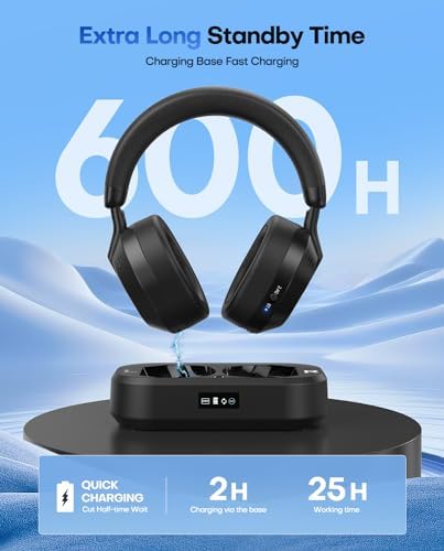 Ensemble-Wireless Headphones for TV Watching, TV Headphones with LED Display Transmitter Charging Base, No Lip-Sync Delay Bluetooth V5.3 Headphones, Plug and Play, Gifts for Elderly - Image 4
