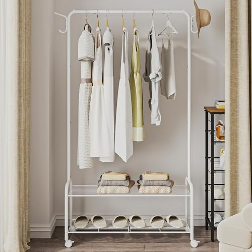 Clothes Rack, Garment Rack, 2-In-1 Design, Clothing Rack with 4 Wheels, Shoe Rack with 2-Tier Storage Shelf, Coat Rack with 4 Hooks for Bags, 12.6 x 33.5 x 63 Inches, White GR07416W - Image 2