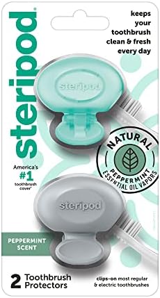 Steripod Clip-On Toothbrush Protector with Peppermint Essential Oils, Keeps Toothbrush Fresh and Clean, Travel Accessories, Fits Most Manual and Electric Toothbrushes, 2 Count