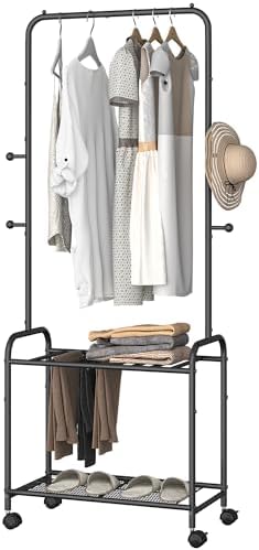 Clothes Rack, Garment Rack with 2-Tier Storage Shelf, 2-In-1 Design, Clothing Rack with 4 Wheels, Metal Frame Shoe Rack, Coat Rack with 4 Hooks for Bags, 220 lb Max, Black GR07660B