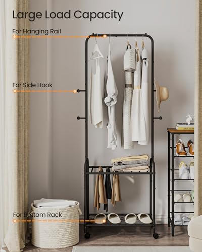 Clothes Rack, Garment Rack with 2-Tier Storage Shelf, 2-In-1 Design, Clothing Rack with 4 Wheels, Metal Frame Shoe Rack, Coat Rack with 4 Hooks for Bags, 220 lb Max, Black GR07660B - Image 2