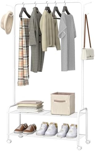 Clothes Rack, Garment Rack, 2-In-1 Design, Clothing Rack with 4 Wheels, Shoe Rack with 2-Tier Storage Shelf, Coat Rack with 4 Hooks for Bags, 12.6 x 33.5 x 63 Inches, White GR07416W - Image 7