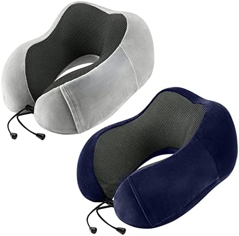 Travel Pillow for Airplane-2 Pack Memory Foam Neck Pillows, Soft & Support Travel Essentials for Travelling, Sleeping Rest, Car, Train and Home Use(Grey&Blue)