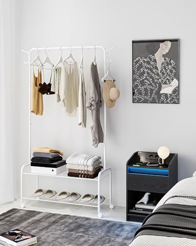 Clothes Rack, Garment Rack, 2-In-1 Design, Clothing Rack with 4 Wheels, Shoe Rack with 2-Tier Storage Shelf, Coat Rack with 4 Hooks for Bags, 12.6 x 33.5 x 63 Inches, White GR07416W - Image 6