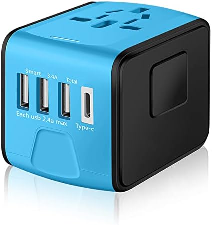 Travel Adapter Worldwide, Universal International Power Plug Adapter W/2.4A 3xUSB-A and 3.0A Type-C Wall Charger, European Travel Plug Adapter for Europe UK EU US CA AU Italy Asia-Blue