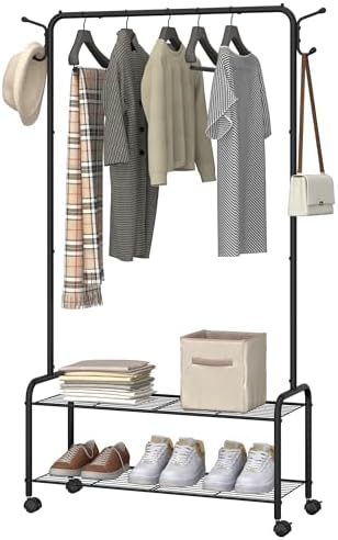 Clothes Rack, Garment Rack, 2-In-1 Design, Clothing Rack with 4 Wheels, Shoe Rack with 2-Tier Storage Shelf, Coat Rack with 4 Hooks for Bags, 33.4 x 12.5 x 64.5 Inches, Black GR07416B - Image 6