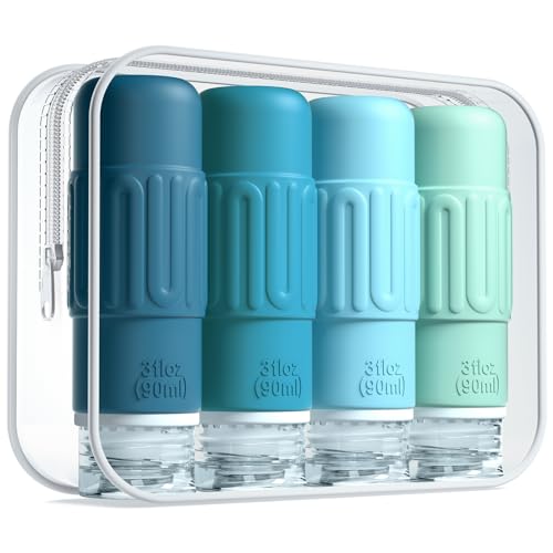 Travel Bottles for Toiletries, BPA Free Leak Proof reusable Silicone Bottles, TSA Approved 3oz Travel Size Bottles, Travel Accessories for Shampoo Soap Liquids with Toiletry Bag (4 Pack)