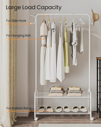 Clothes Rack, Garment Rack, 2-In-1 Design, Clothing Rack with 4 Wheels, Shoe Rack with 2-Tier Storage Shelf, Coat Rack with 4 Hooks for Bags, 12.6 x 33.5 x 63 Inches, White GR07416W - Image 5