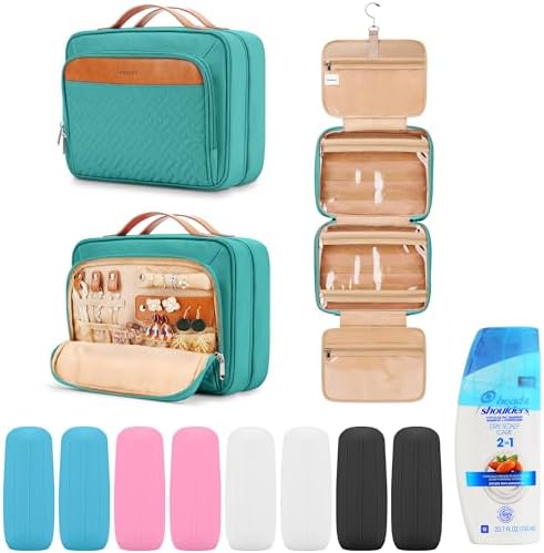 Travel Hanging Toiletry Bag for Women and Men, with 8 Leak Proofing Silicone Bottle Covers, Waterproof Makeup Accessories, Cosmetic Essentials, Toiletries Dopp Kit Set with Jewelry Organizer, Blue