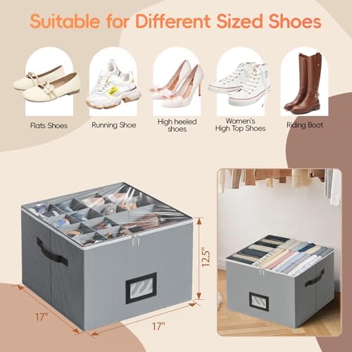 Shoe Organizer for Closet - Large shoe storage boxes Fit 16 Pairs, Fabric Shoe Bin with Clear Cover, Adjustable Dividers for Shoes, Handbags, Blankets, Linen, Clothing, 1 pack - Image 4