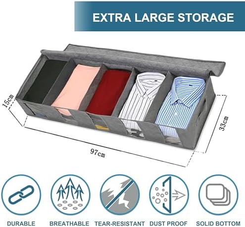 Apstour Under Bed Clothes Organizer Large Adjustable Dividers Storage Bag with Durable Fabric, Reinforced Handle, 4 Clear Window for Clothing, Shoes, Blankets, Sweaters, Toys (grey, 2) - Image 5