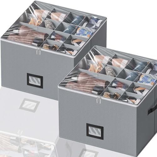 Shoe Organizer for Closet - Large shoe storage boxes Fit 16 Pairs, Fabric Shoe Bin with Clear Cover, Adjustable Dividers for Shoes, Handbags, Blankets, Linen, Clothing, 1 pack