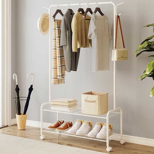 Clothes Rack, Garment Rack, 2-In-1 Design, Clothing Rack with 4 Wheels, Shoe Rack with 2-Tier Storage Shelf, Coat Rack with 4 Hooks for Bags, 12.6 x 33.5 x 63 Inches, White GR07416W