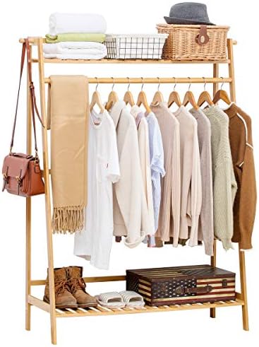 COPREE Bamboo Garment Coat Clothes Hanging Heavy Duty Rack with top Shelf and Shoe Clothing Storage Organizer Shelves