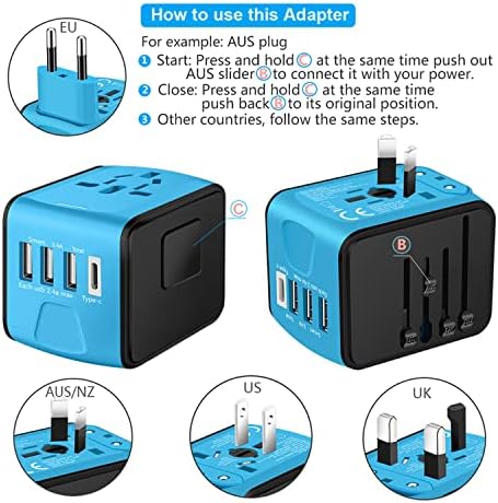 Travel Adapter Worldwide, Universal International Power Plug Adapter W/2.4A 3xUSB-A and 3.0A Type-C Wall Charger, European Travel Plug Adapter for Europe UK EU US CA AU Italy Asia-Blue - Image 4