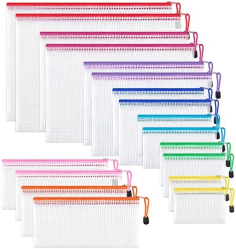 JARLINK 18 Pack 8 Sizes Mesh Pouch, 9 Colors, Waterproof Zipper File Bags Document Multipurpose Travel Bags for Office, School, Board Game, Puzzles, Cosmetics, Travel Accessories, and Home Organize