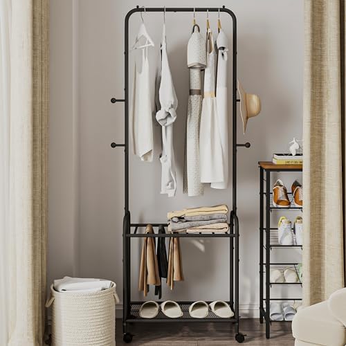 Clothes Rack, Garment Rack with 2-Tier Storage Shelf, 2-In-1 Design, Clothing Rack with 4 Wheels, Metal Frame Shoe Rack, Coat Rack with 4 Hooks for Bags, 220 lb Max, Black GR07660B - Image 7