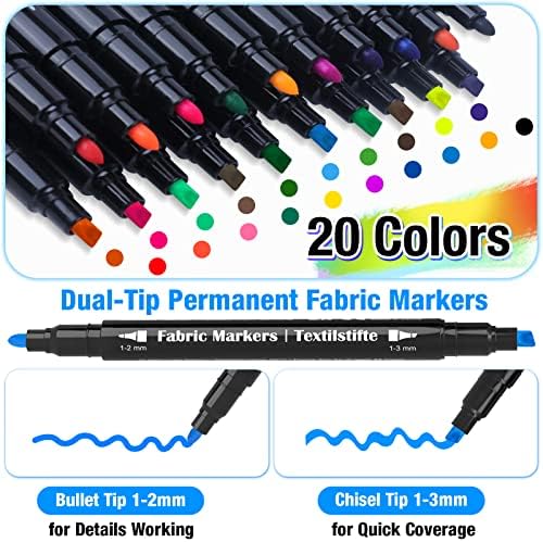 Dual Tip Fabric Markers Permanent for Clothes, 20 Colors Fabric Decorating Paint Pens for Kids, T-Shirt Shoe Markers for Sneakers Clothing Canvas Textile Bibs Coloring Book (Chisel & Fine Tip) - Image 2
