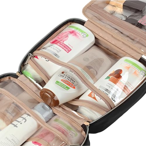 NISHEL Travel Toiletry Bag for women, Portable Hanging Organizer for Full-Sized Shampoo, Conditioner, Brushes Set, Travel-Size Accessories, Medium Size, Black - Image 5