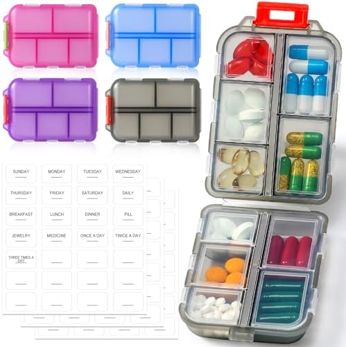 4 Pack Small Travel Pill Organizer for Purse, Pocket, Bag - 10 Compartments Pill Holder Box, Handy Medicine Container - Portable Mini Pharmacy for Weekly Daily Travel - BPA Free Vitamin Fish Oil Case