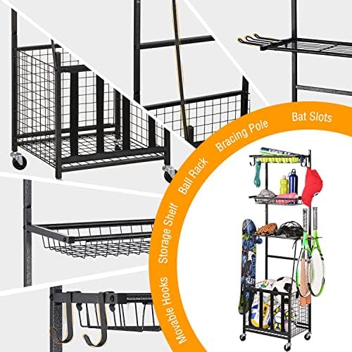 PLKOW Sports Equipment Storage for Garage, Indoor/Outdoor Sports Rack for Garage, Ball Storage Garage Organizer with Basket and Hooks,Toy/Sports Gear Storage - Image 4