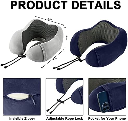 Travel Pillow for Airplane-2 Pack Memory Foam Neck Pillows, Soft & Support Travel Essentials for Travelling, Sleeping Rest, Car, Train and Home Use(Grey&Blue) - Image 5