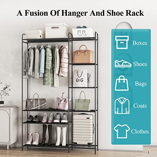 Wisdom Star Garment Rack with Shelves for Hanging Clothes, Free-Standing Clothes Rack with Shelves for Bedroom, Bathroom, Metal Clothes Racks for Hanging Clothes, Coats, Skirts, Shoes, Large, Black - Image 5