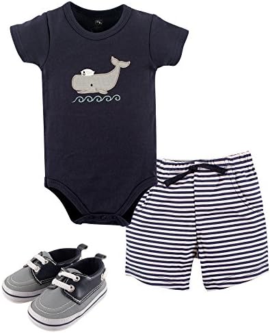 Hudson Baby Unisex Baby Cotton Bodysuit, Shorts and Shoe Set