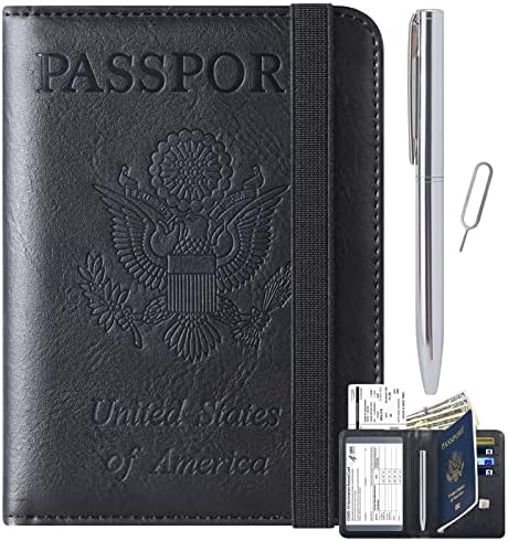Passport Holder Cover Wallet Travel Essentials Leather Travel Wallet Rfid Blocking Case Vacation Travel Must Haves Travel Accessories for Men Women (110#Black)