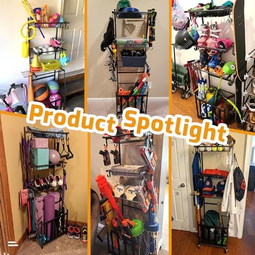 PLKOW Sports Equipment Storage for Garage, Indoor/Outdoor Sports Rack for Garage, Ball Storage Garage Organizer with Basket and Hooks,Toy/Sports Gear Storage - Image 3