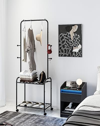 Clothes Rack, Garment Rack with 2-Tier Storage Shelf, 2-In-1 Design, Clothing Rack with 4 Wheels, Metal Frame Shoe Rack, Coat Rack with 4 Hooks for Bags, 220 lb Max, Black GR07660B - Image 6