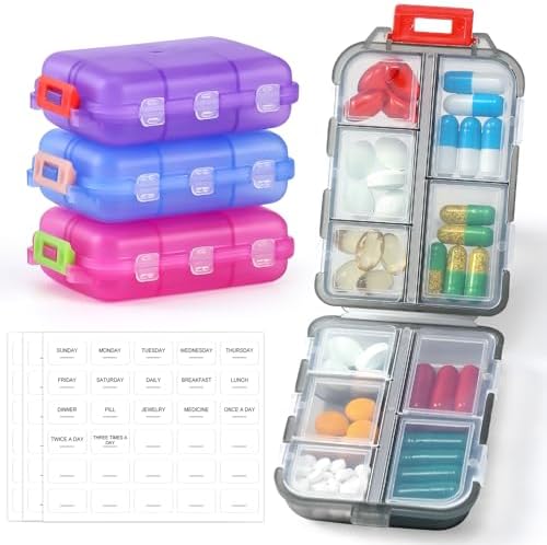 4 Pack Small Travel Pill Organizer for Purse, Pocket, Bag - 10 Compartments Pill Holder Box, Handy Medicine Container - Portable Mini Pharmacy for Weekly Daily Travel - BPA Free Vitamin Fish Oil Case - Image 7