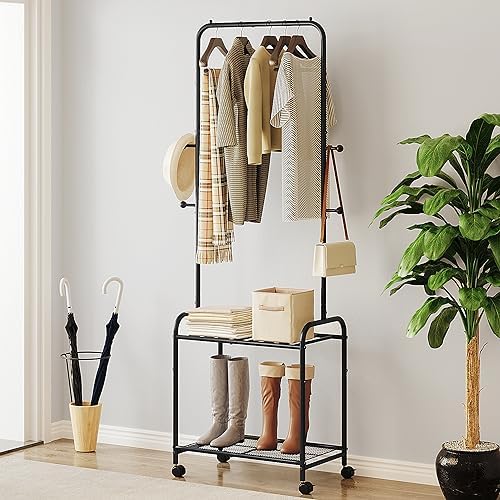 Clothes Rack, Garment Rack with 2-Tier Storage Shelf, 2-In-1 Design, Clothing Rack with 4 Wheels, Metal Frame Shoe Rack, Coat Rack with 4 Hooks for Bags, 220 lb Max, Black GR07660B - Image 5