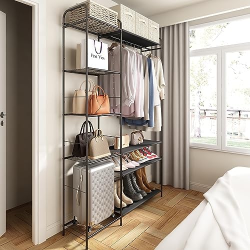 Wisdom Star Garment Rack with Shelves for Hanging Clothes, Free-Standing Clothes Rack with Shelves for Bedroom, Bathroom, Metal Clothes Racks for Hanging Clothes, Coats, Skirts, Shoes, Large, Black - Image 3