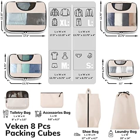 Veken 8 Set Packing Cubes for Suitcases, Luggage Organizer Bags Set for Carry on, Travel Gifts for Mom, Travel Essentials for Women, Travel Accessories in 4 Sizes(Extra Large, Large, Medium, Small) - Image 2