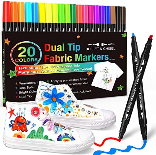 Dual Tip Fabric Markers Permanent for Clothes, 20 Colors Fabric Decorating Paint Pens for Kids, T-Shirt Shoe Markers for Sneakers Clothing Canvas Textile Bibs Coloring Book (Chisel & Fine Tip)