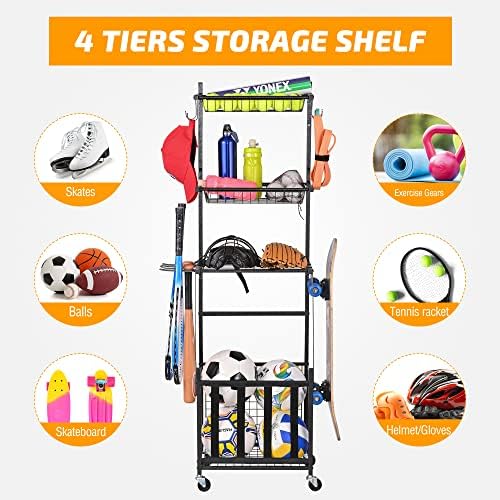 PLKOW Sports Equipment Storage for Garage, Indoor/Outdoor Sports Rack for Garage, Ball Storage Garage Organizer with Basket and Hooks,Toy/Sports Gear Storage - Image 5