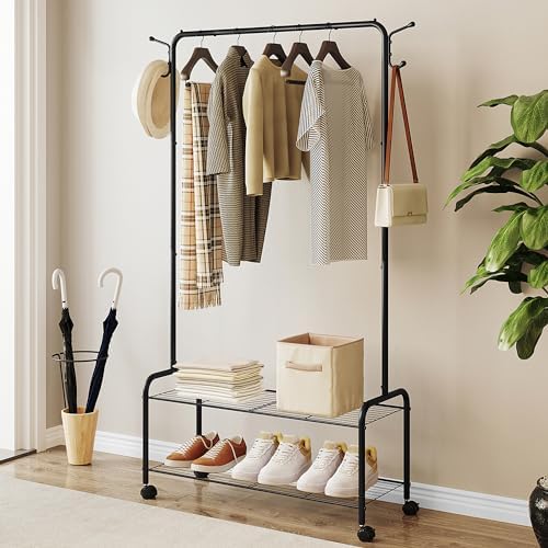 Clothes Rack, Garment Rack, 2-In-1 Design, Clothing Rack with 4 Wheels, Shoe Rack with 2-Tier Storage Shelf, Coat Rack with 4 Hooks for Bags, 33.4 x 12.5 x 64.5 Inches, Black GR07416B